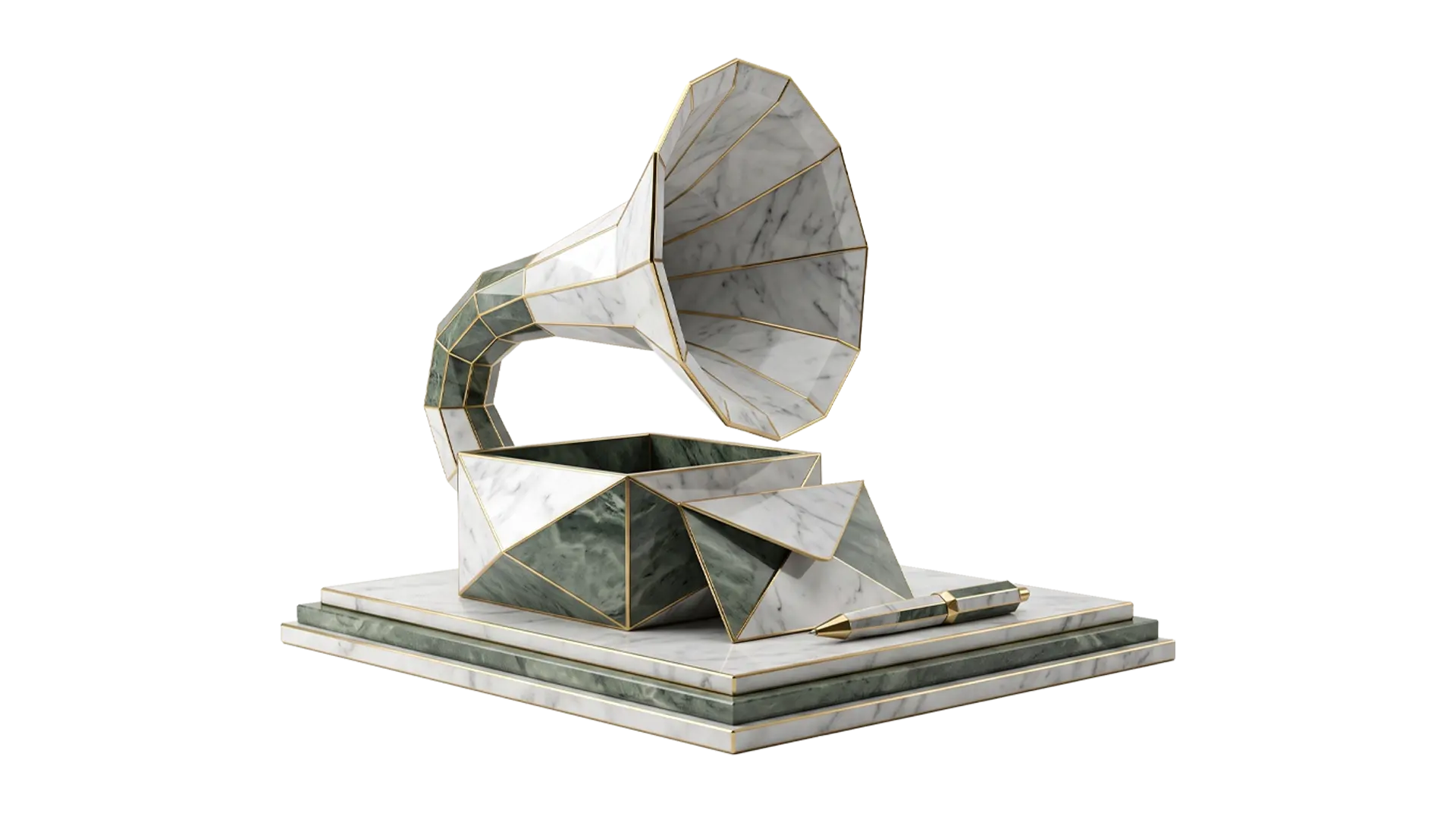 A faceted marble-and-jade gramophone, an open line, let's talk.