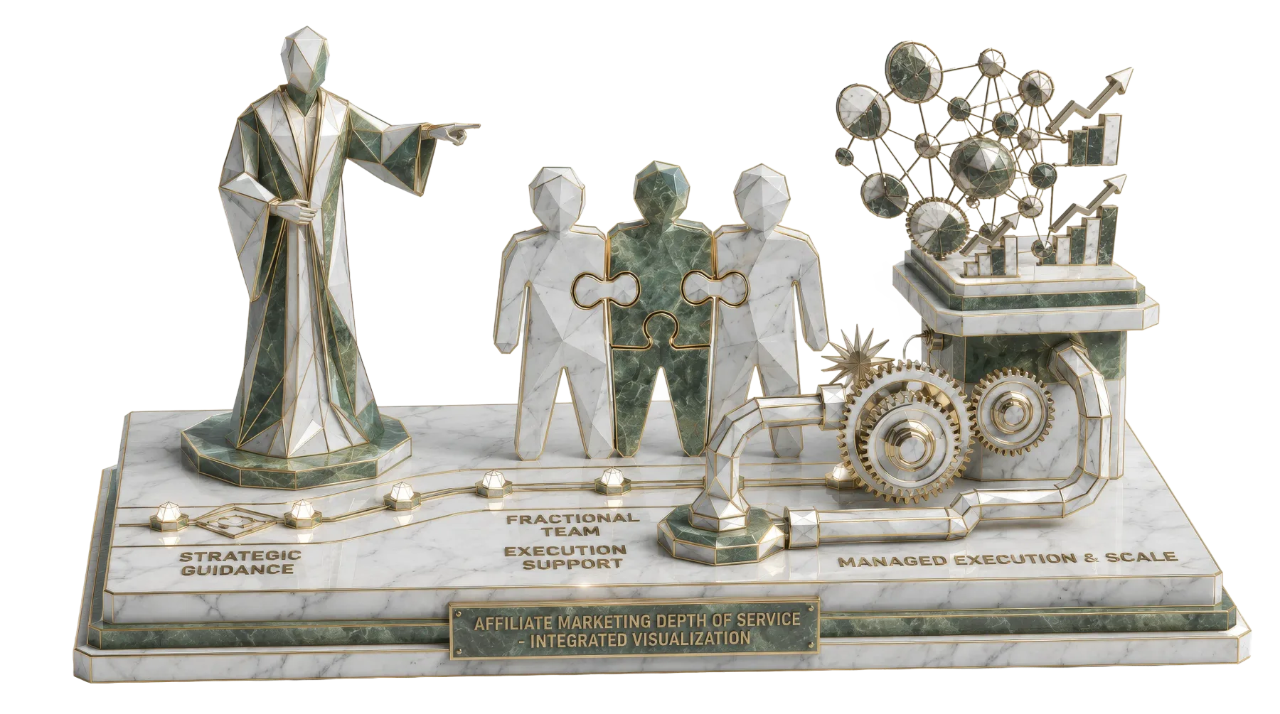 A sculpted visualisation of the engagement model, strategic guidance, a fractional team, and managed execution at scale.
