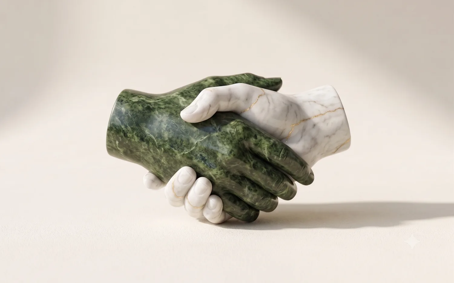 Two clasped hands carved in jade and white marble, a considered partnership.