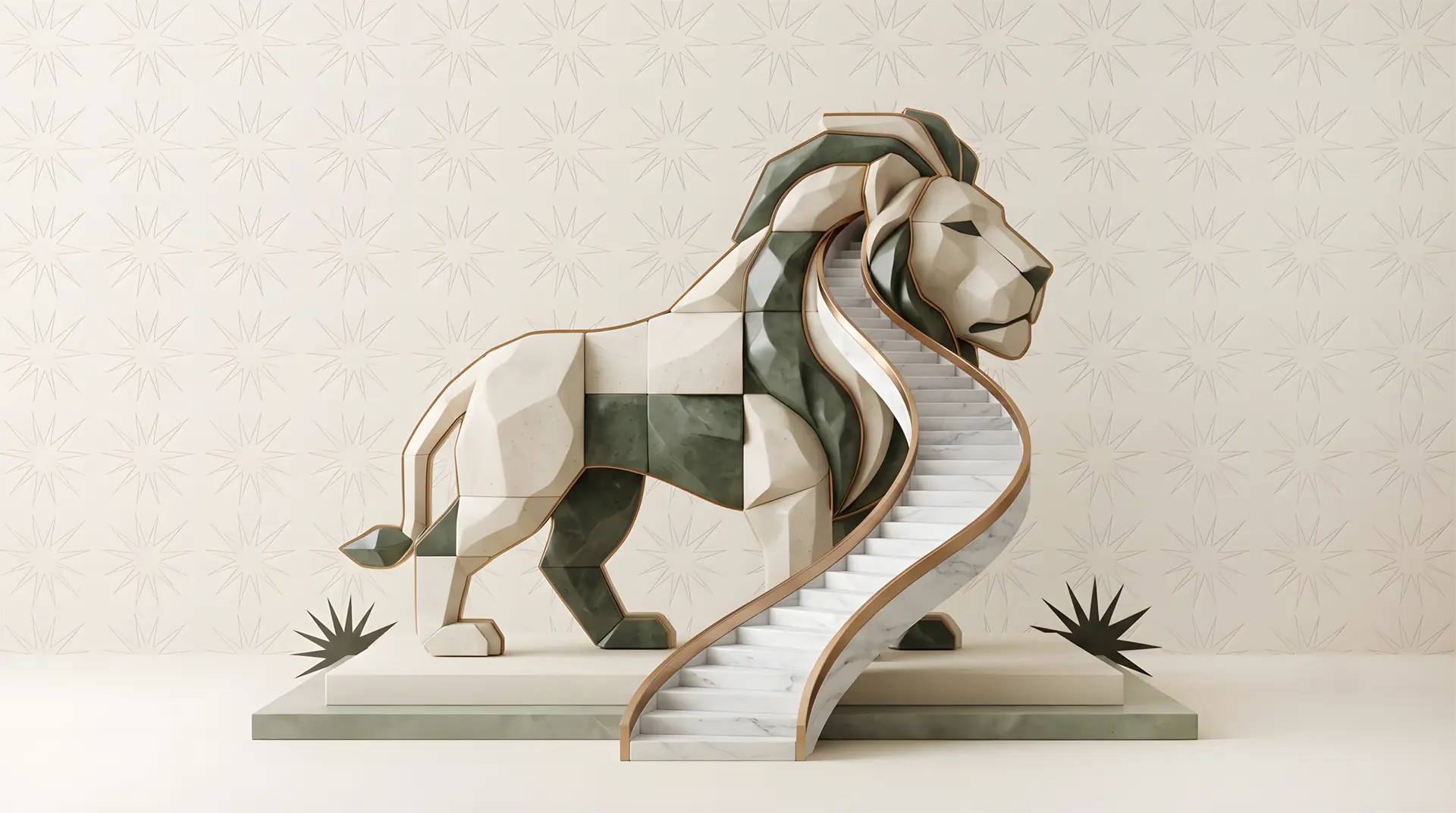 A faceted marble-and-jade lion mounted on a rising spiral staircase, the Roar.