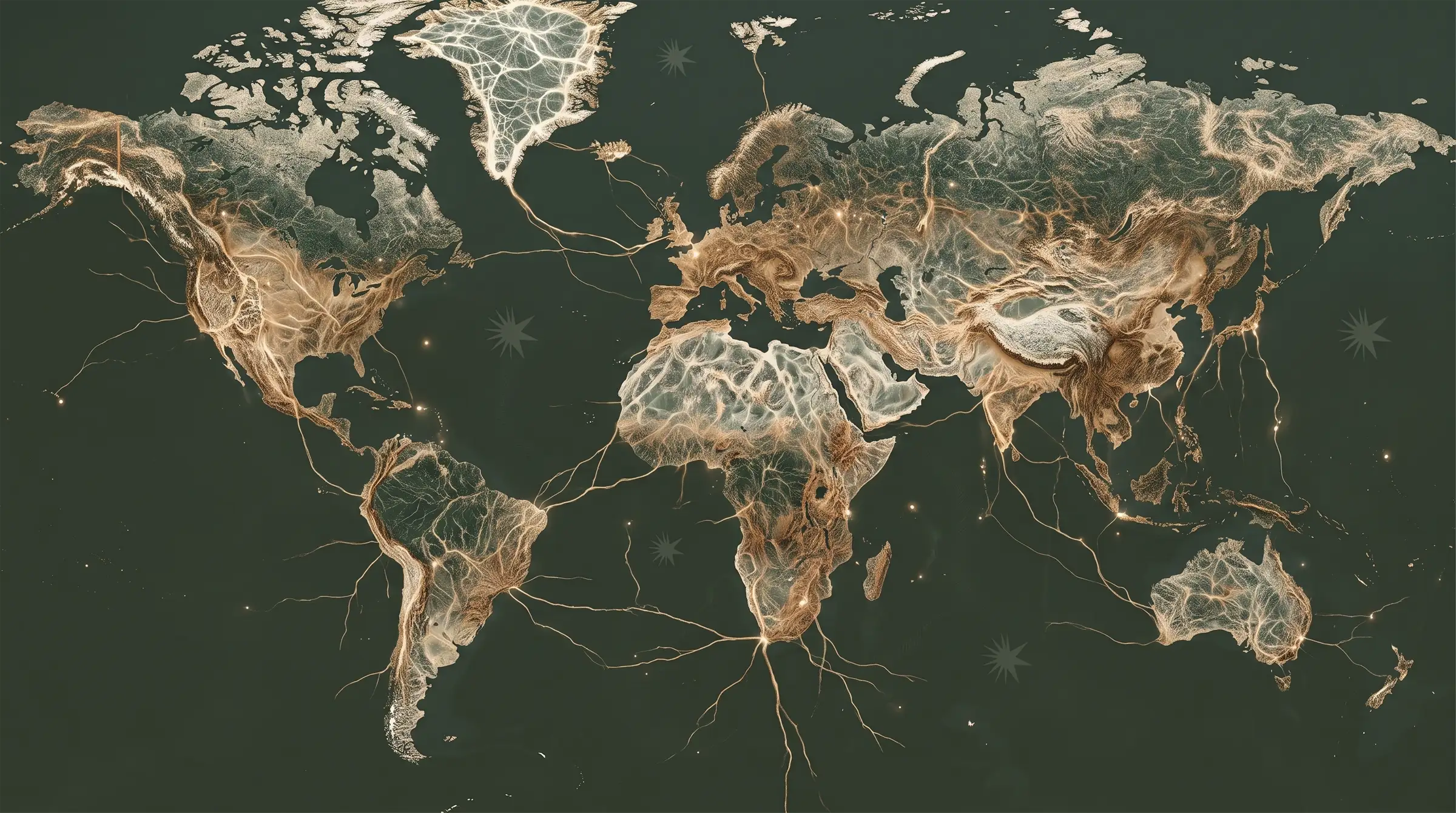 World map rendered in copper on deep green, markets across America, Africa and Europe.
